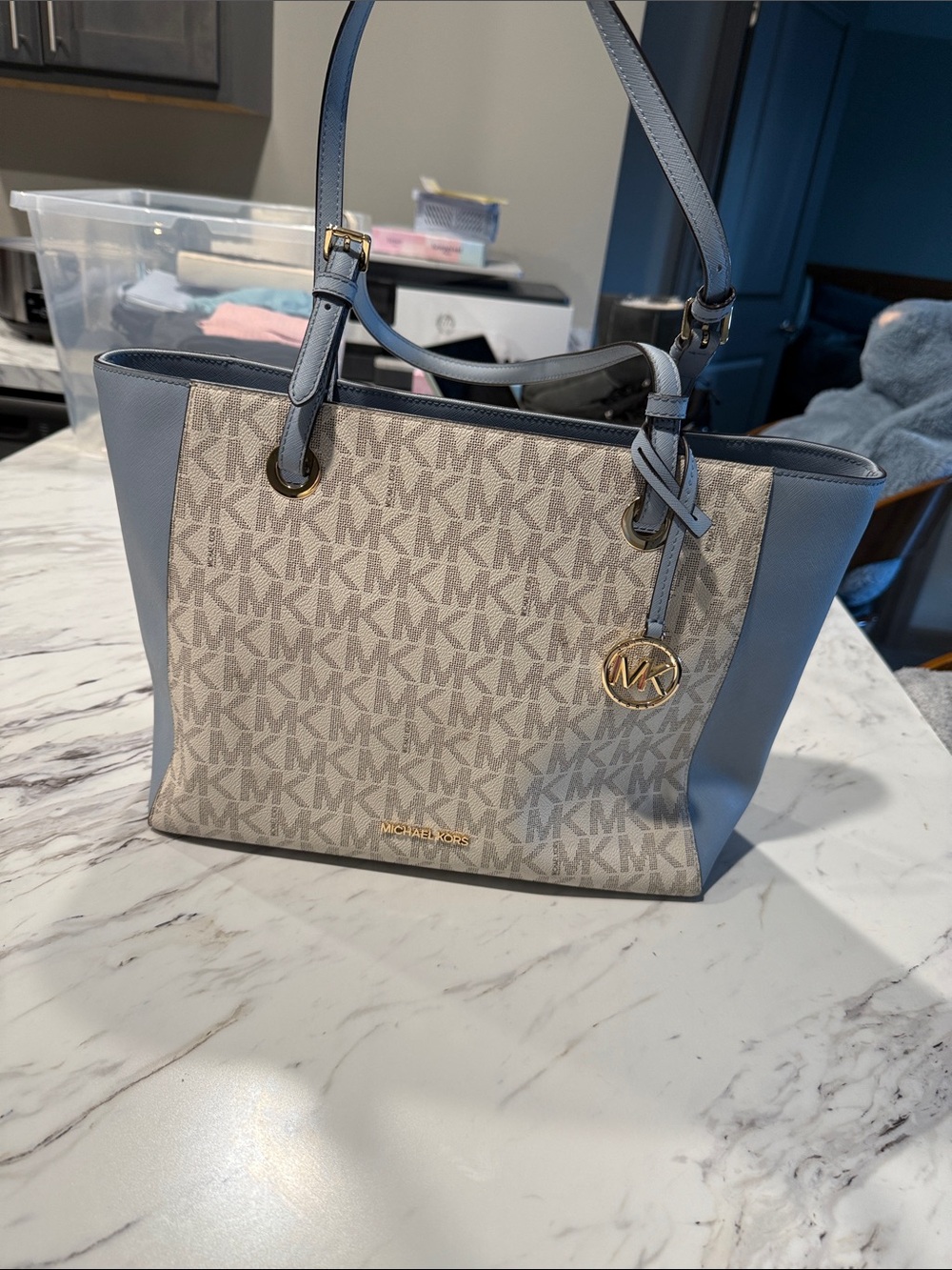 Michael Kors Beige MK Logo Tote with Light Blue Trim